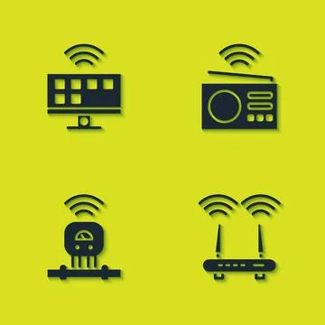 Set Smart Tv system, Router and wi-fi signal, sensor and radio icon. Vector Stock Illustration