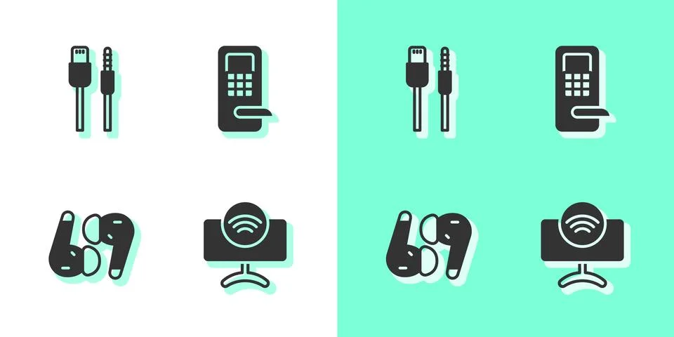 Set Smart Tv system, USB cable cord, Air headphones and Digital door lock i.. Stock Illustration