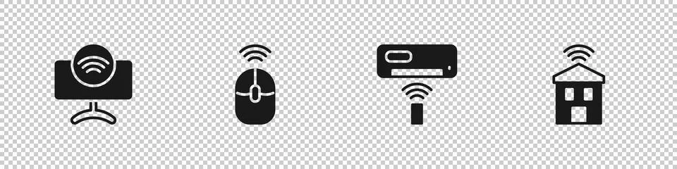 Set Smart Tv system, Wireless computer mouse, Air conditioner and home with wi Illustrazione stock