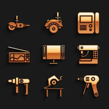 Set Smart Tv, Table saw for woodwork, Electric hot glue gun, Sewing machine.. Stock Illustration