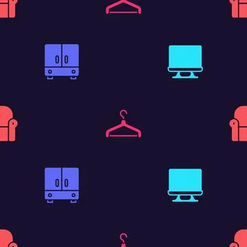 Set Smart Tv, Wardrobe, Hanger wardrobe and Armchair on seamless pattern. Vector Stock Illustration