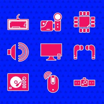 Set Smart Tv, Wireless computer mouse, Smartwatch, Air headphones, Vinyl play Stock Illustration
