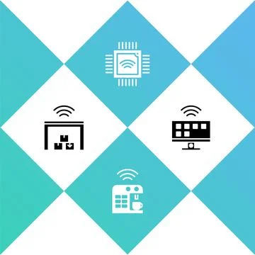 Set Smart warehouse, coffee machine, Processor with microcircuits CPU and Tv 스톡 일러스트