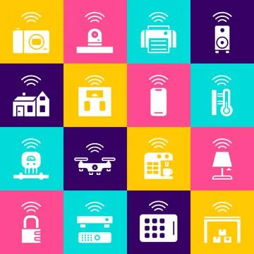 Set Smart warehouse, table lamp, thermometer, printer, bathroom scales, home Stock Illustration
