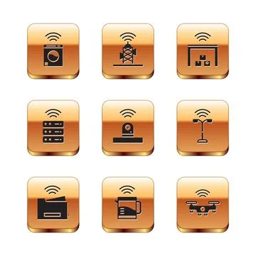 Set Smart washer, printer, electric kettle, security camera, server, warehouse Stock Illustration