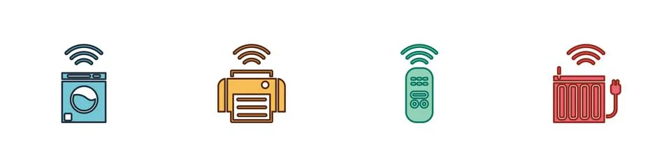 Set Smart washer, printer, remote control and heating radiator icon. Vector 스톡 일러스트