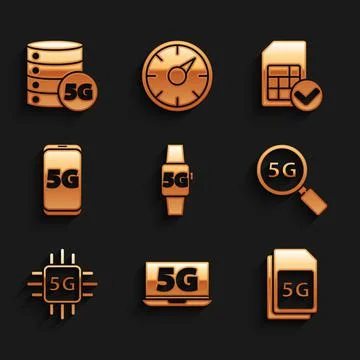 Set Smart watch 5G network, Laptop with, Sim Card, Search, Processor, Mobile Stock Illustration