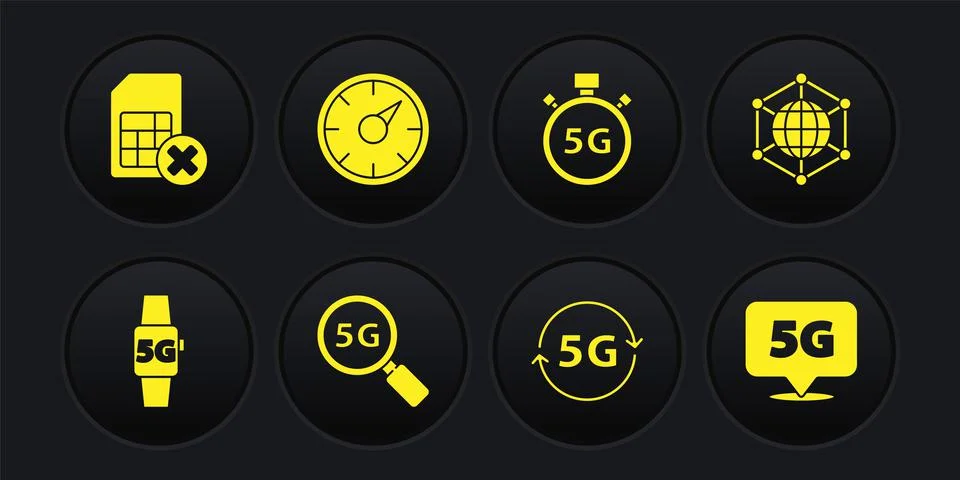 Set Smart watch 5G network, Social, Search, Digital speed meter, Location and Stock Illustration
