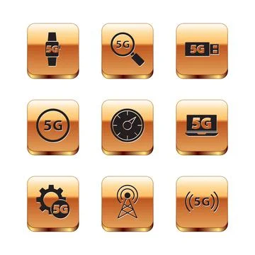Set Smart watch 5G network, Setting, Antenna, Digital speed meter, modem, and Stock Illustration