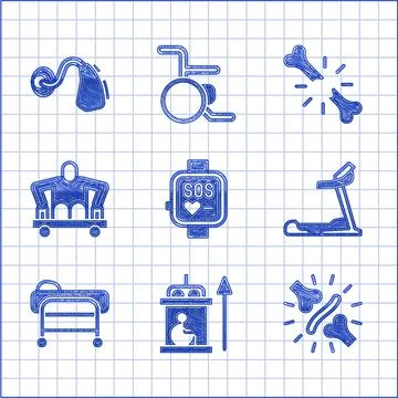 Set Smart watch, Elevator for disabled, Joint pain, knee pain, Treadmill machine Illustrazione stock