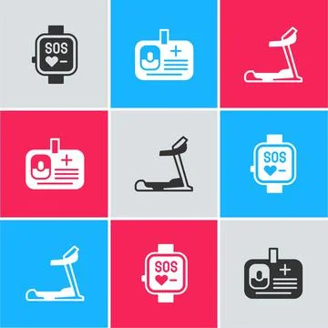 Set Smart watch, Identification badge and Treadmill machine icon. Vector Illustrazione stock