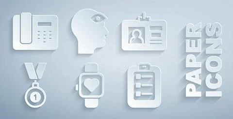 Set Smart watch, Identification badge, Medal, To do list or planning, Man with Stock Illustration