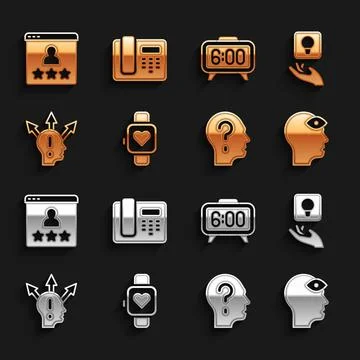 Set Smart watch, Light bulb, Man with third eye, Head question mark, Project Stock Illustration