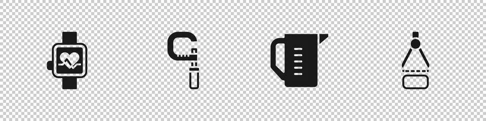 Set Smart watch, Micrometer, Measuring cup and Drawing compass icon. Vector Stock Illustration