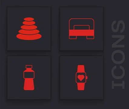 Set Smart watch, Stack hot stones, Big bed and Bottle of water icon. Vector Illustrazione stock