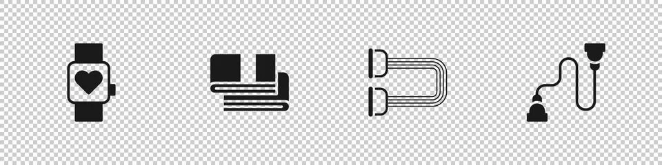 Set Smart watch, Towel stack, Chest expander and icon. Vector Illustrazione stock