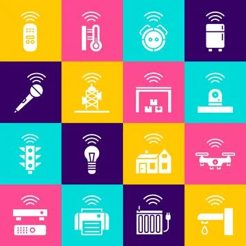 Set Smart water tap, drone, security camera, Robot vacuum cleaner, Wireless Stock Illustration