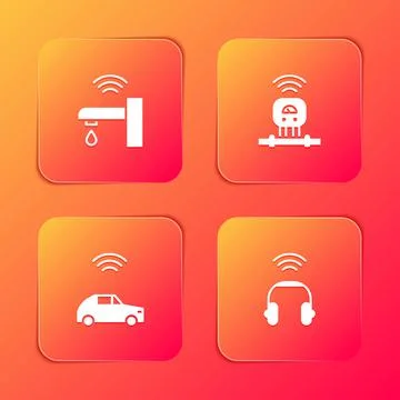 Set Smart water tap, sensor, car system with wireless and headphones icon Stock Illustration