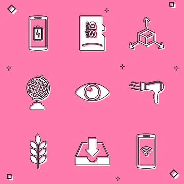 Set Smartphone battery charge, Micro SD memory card, Isometric cube, Earth globe Stock Illustration