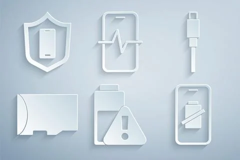 Set Smartphone battery charge, USB cable cord, Micro SD memory card, Phone Stock Illustration