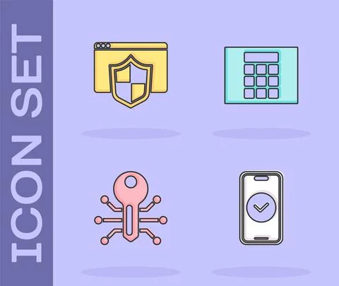 Set Smartphone, Browser with shield, key and Password protection icon. Vector Stock Illustration