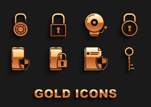 Set Smartphone with closed padlock, Lock, Key, Document protection concept Illustrazione stock