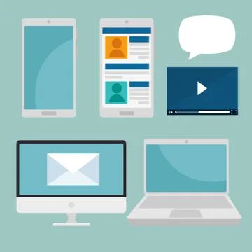 Set smartphone with computer and laptop social technology Stock Illustration