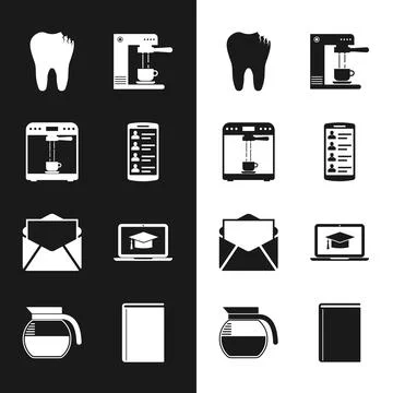 Set Smartphone with contacts, Coffee machine and cup, Broken tooth, , Mail e Ilustración de archivo