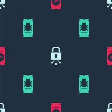 Set Smartphone, Cyber security and System bug mobile on seamless pattern. Vector 스톡 일러스트