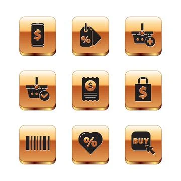 Set Smartphone with dollar, Barcode, Discount percent tag in heart, Paper check Stock-Illustration