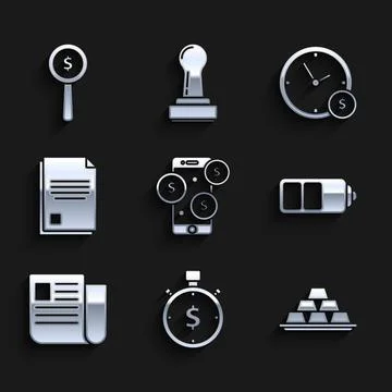 Set Smartphone with dollar symbol, Time is money, Gold bars, Battery charge イラスト素材