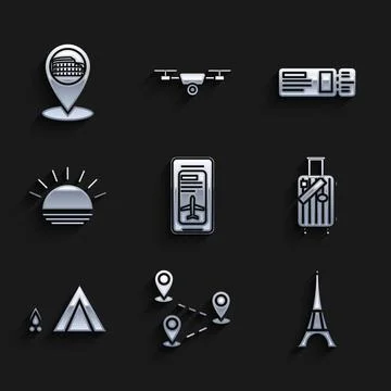 Set Smartphone with electronic boarding pass airline ticket, Eiffel tower Stock Illustration