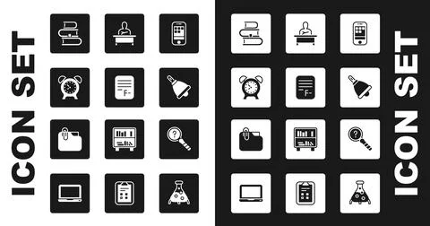 Set Smartphone, Exam paper with incorrect answers, Alarm clock, Book, Ringing Illustrazione stock