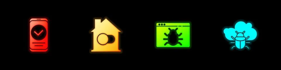 Set Smartphone, home, System bug and cloud icon. Vector Stock Illustration