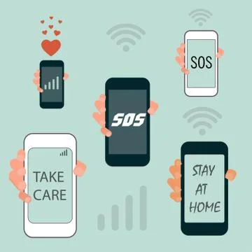Set of smartphone illustrations wilth different massages. Vector icons Illustrazione stock