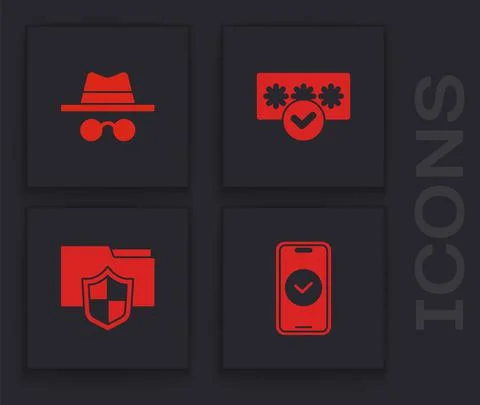 Set Smartphone, Incognito mode, Password protection and Document folder icon Stock Illustration