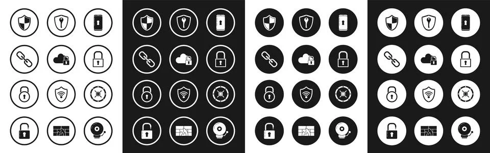 Set Smartphone with lock Cloud computing Chain link Shield Lock key Safe and  Ilustração Stock