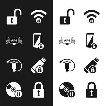 Set Smartphone with lock, Computer api interface, Open padlock, Wifi locked,  Stock Illustration
