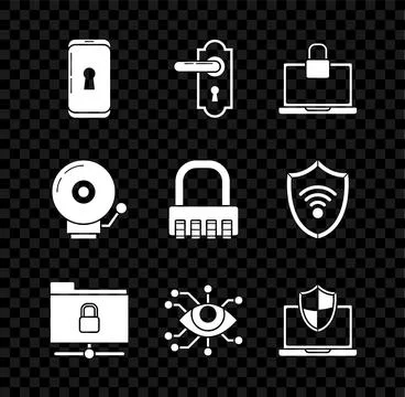 Set Smartphone with lock Door handle Laptop FTP folder Eye scan protected shi Stock Illustration