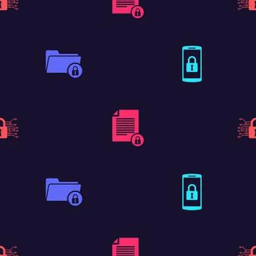 Set Smartphone with lock, Folder and, Document and Cyber security on seamless Illustrazione stock