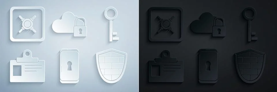Set Smartphone with lock Key Identification badge Shield cyber security brick Illustrazione stock
