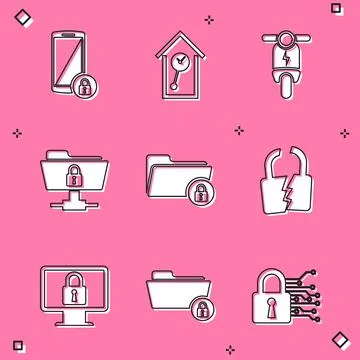 Set Smartphone with lock, Retro wall watch, Electric scooter, FTP folder and 스톡 일러스트