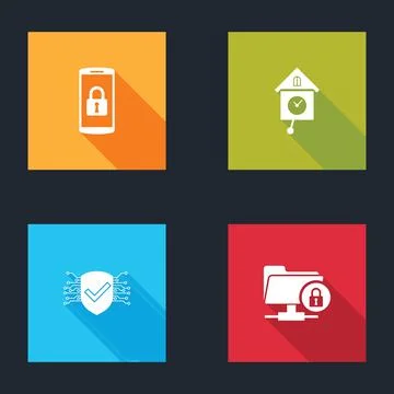 Set Smartphone with lock, Retro wall watch, Cyber security and FTP folder and Stock Illustration