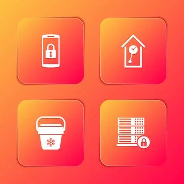 Set Smartphone with lock, Retro wall watch, Cooler bag and Server security icon Stock Illustration