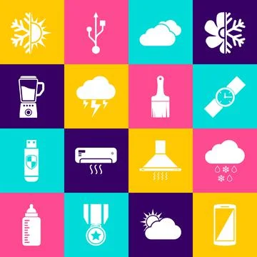 Set Smartphone, mobile phone, Cloud with snow and rain, Wrist watch, , Storm and Stock Illustration