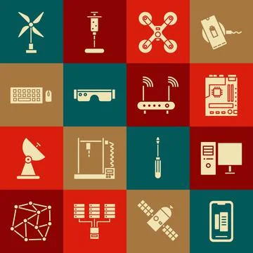 Set Smartphone, mobile phone, Computer monitor, Motherboard, Drone flying Stock Illustration