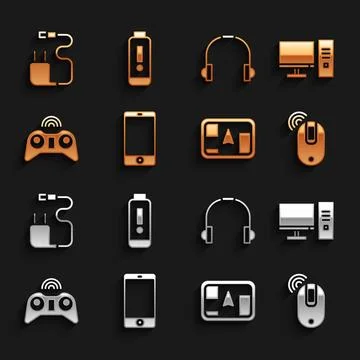 Set Smartphone, mobile phone, Computer monitor, Wireless computer mouse, Gp.. Stock Illustration