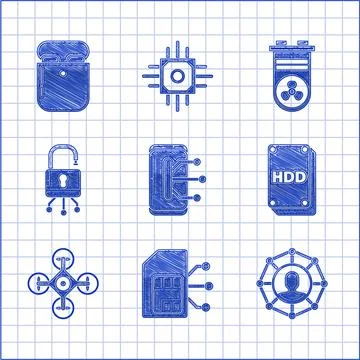 Set Smartphone, mobile phone, Sim card, Project team base, Hard disk drive HDD Stock Illustration