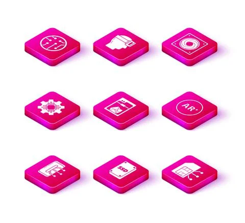Set Smartphone, mobile phone, SSD card, Processor, 3D printer, Sim, Ar Stock Illustration