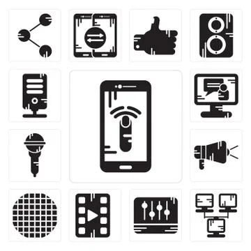 Set of Smartphone, Network, Levels, Video player, Grid, Protest, Microphone,  Free Stock Illustration